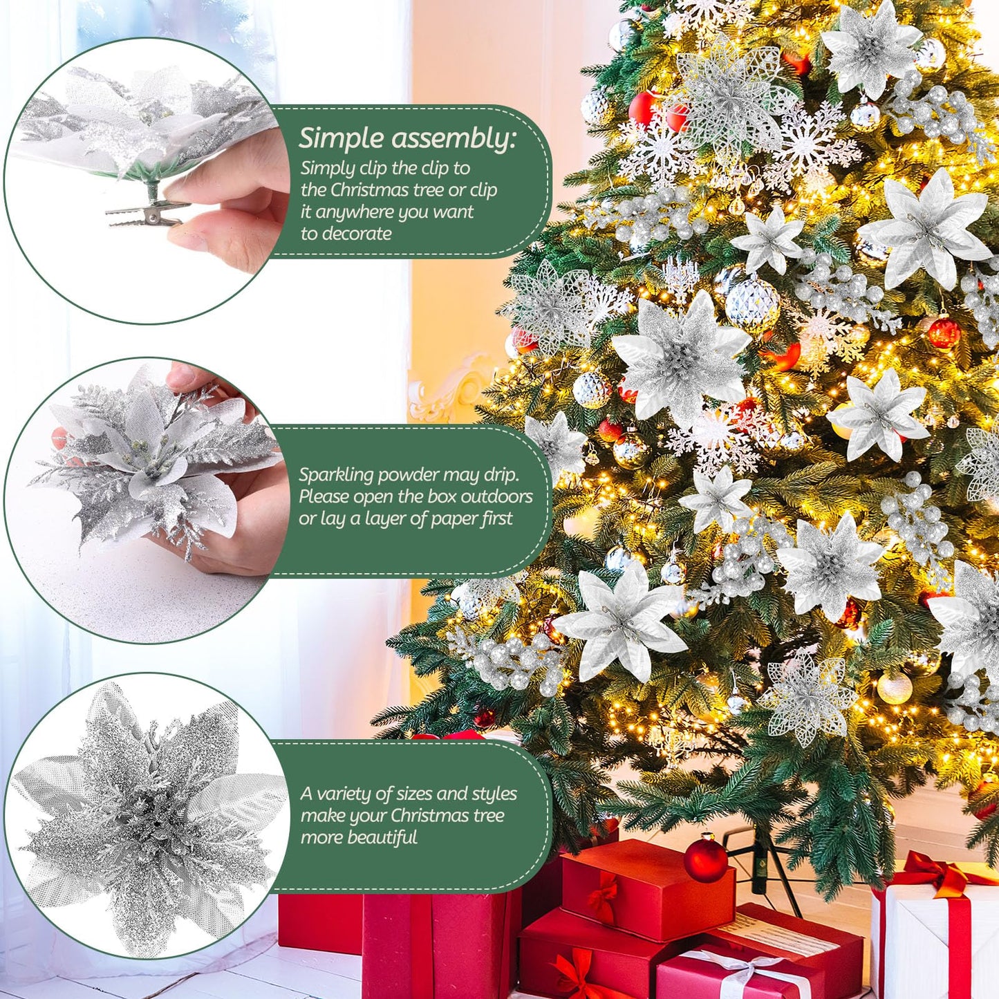 Zeyune 48 Pcs 3 Styles Christmas Glitter Poinsettia Flowers Artificial Berry Picks Artificial Christmas Flowers with Clips for Xmas Tree Wedding Wreath Holiday Party Decorations(Silver)