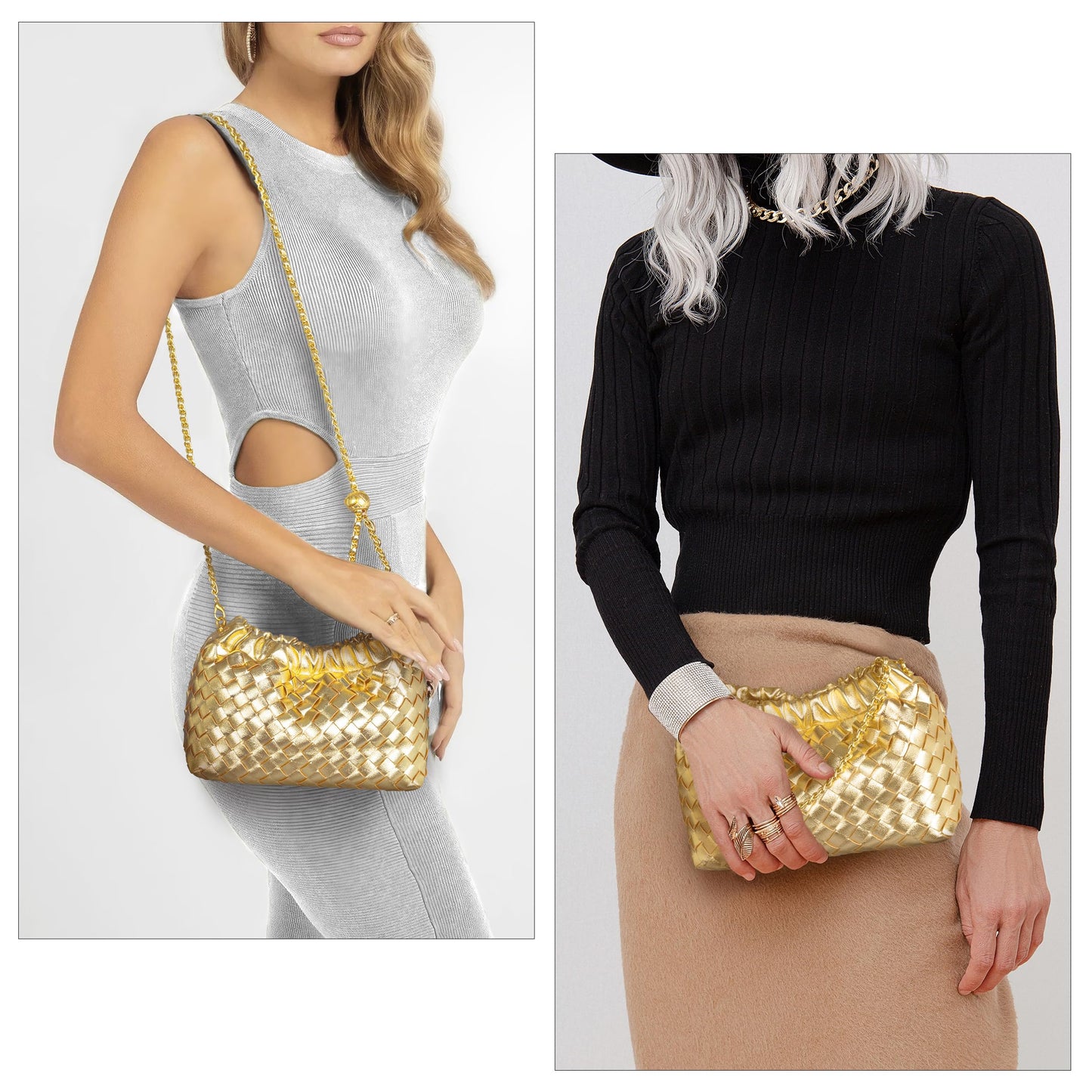 Joryin Woven Women's Crossbody Bag & Evening Purse, Trendy Dumpling Clutch & Hobo Cloud Shoulder Bag Trendy Dumpling Clutch Vegan Leather, Golden