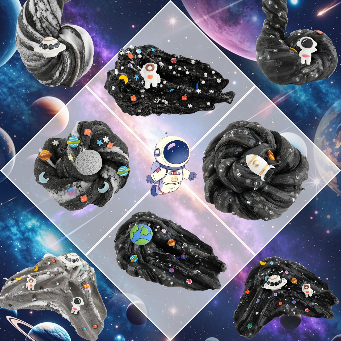 LAWOHO 6 Pack Galaxy Slime Kit for Kids- Cloud, Butter & Clear Slimes with Space Add-ins, 360ml Black Slime for Boys Girls, Kids Slime Kits for Easter Christmas Halloween Birthday, Space Party Favors