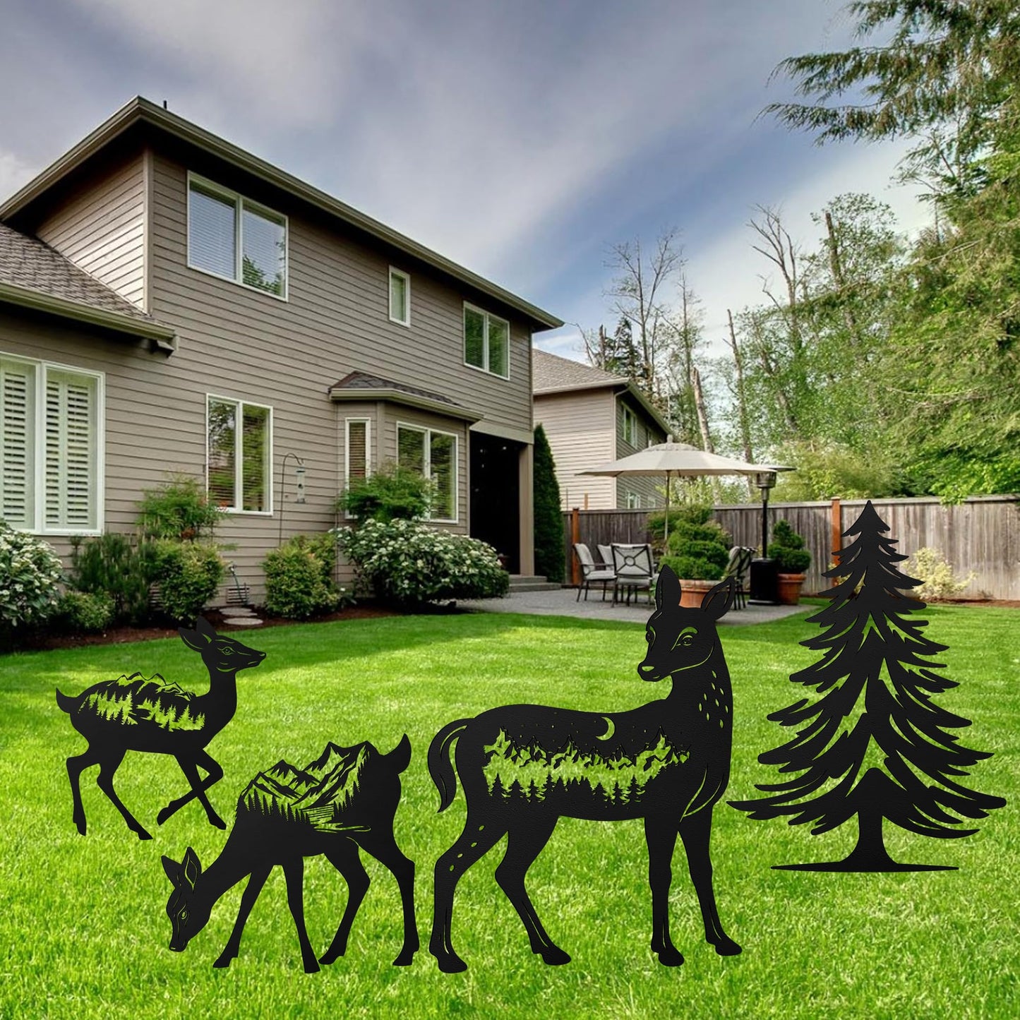 Romart Deer and Pine Tree Decorative Garden Stakes, 4 Pcs Forest Silhouette Metal Garden Stakes for Outdoor Yard Lawn Decor, Christmas for Nature Lovers