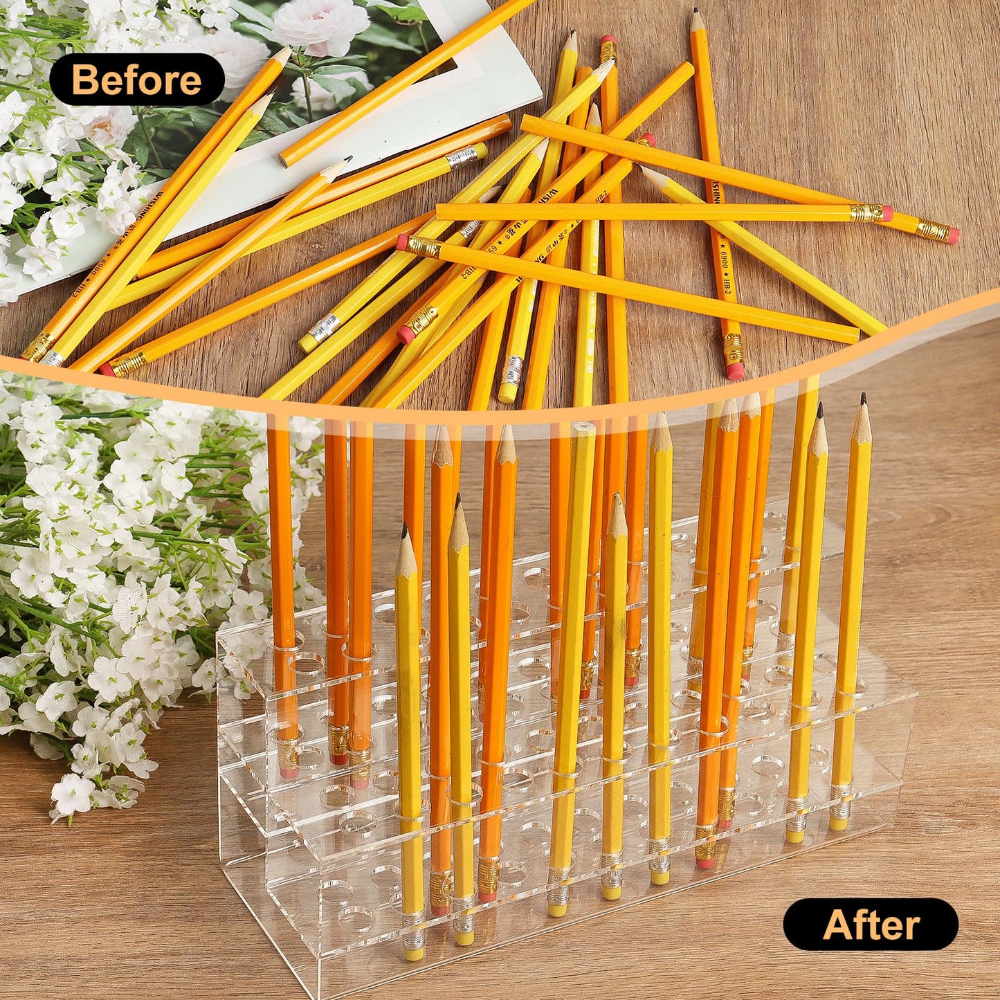 SBYURE Acrylic Pen Holder, 44-Slots Pen Display Stand Focal Pen Holder Beadable Pen Display Stand Rack Organizer for Home Office Desk School Supplies