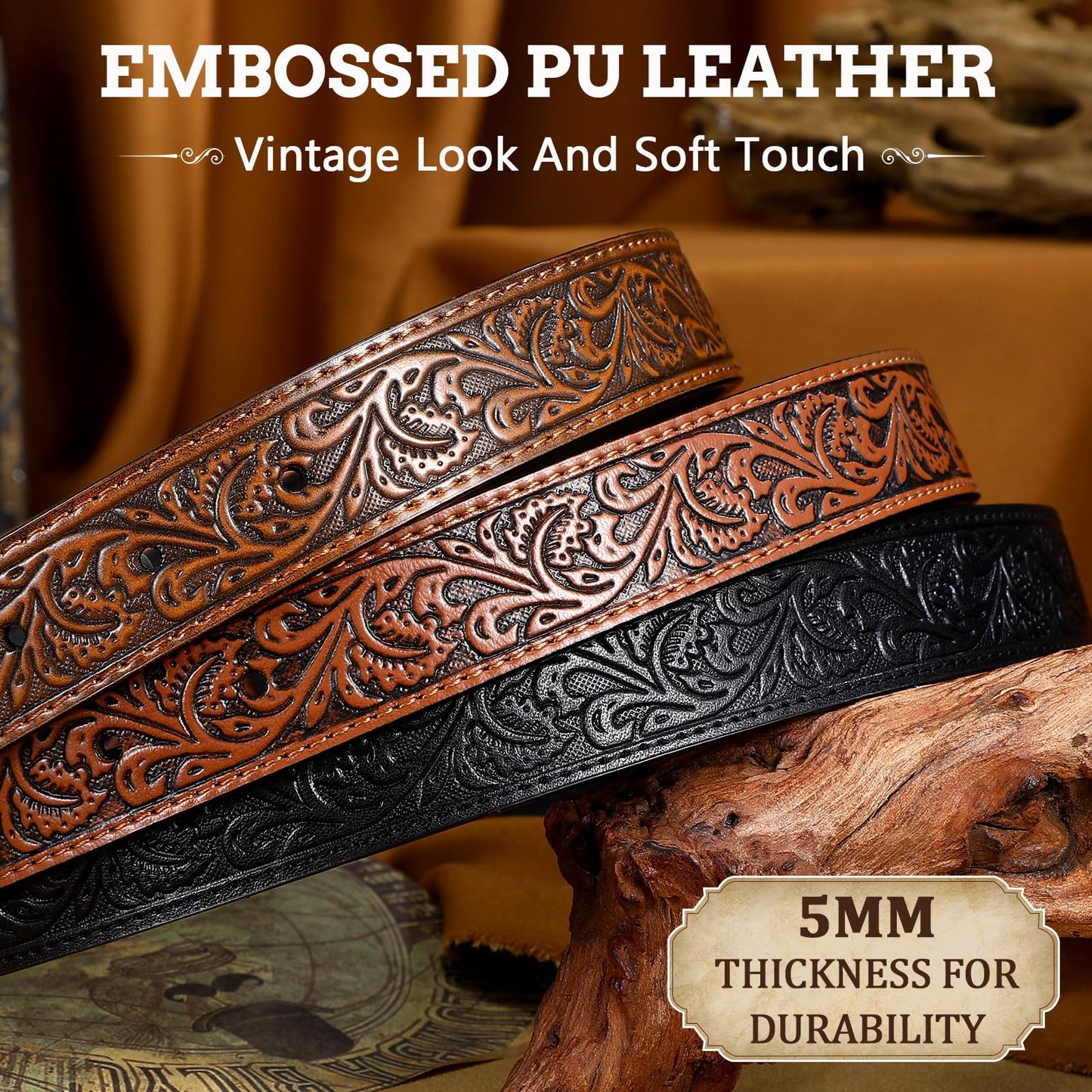 JKEEMI Kids Cowboy Belt for Boys Girls, Removable Buckle and Adjustable Embossed PU Leather Girls Boys Western Belt for Jeans