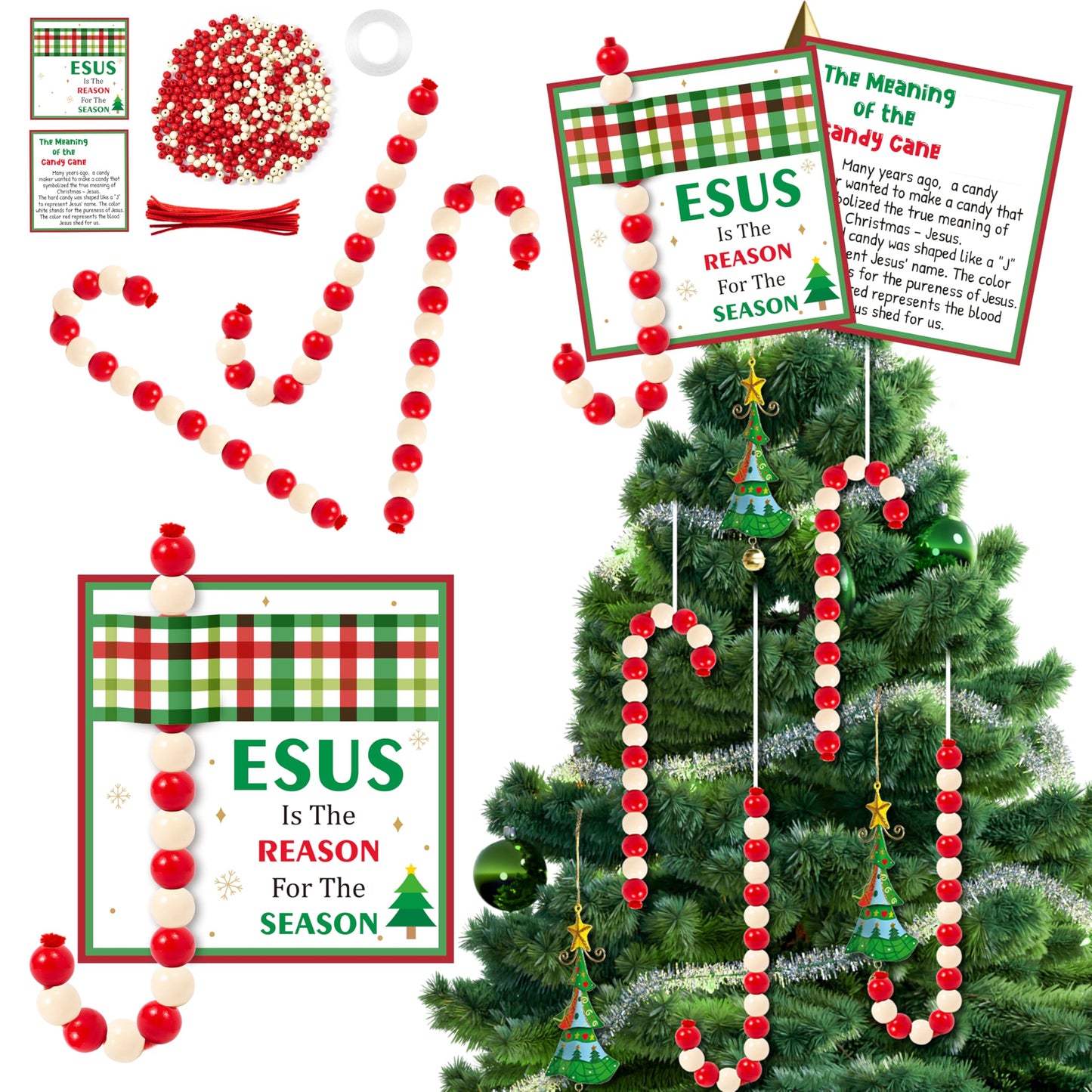 BeYumi Candy Cane Ornament Kit - 24Pcs Christmas Jesus Beaded Craft Kit DIY Religious Christian Hanging Ornaments with Gift Card Xmas Tree Wooden Beads Gift Church Sunday School Classroom Party Decor