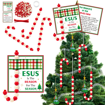 BeYumi Candy Cane Ornament Kit - 24Pcs Christmas Jesus Beaded Craft Kit DIY Religious Christian Hanging Ornaments with Gift Card Xmas Tree Wooden Beads Gift Church Sunday School Classroom Party Decor