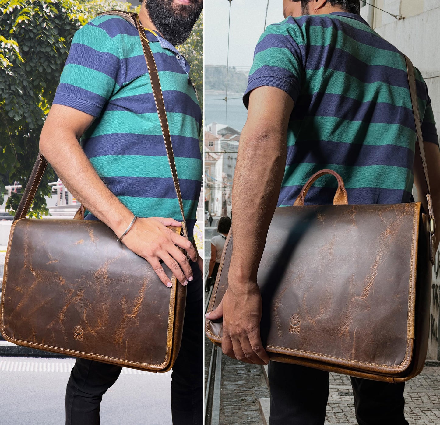 Leather Messenger Bag for Men 14" Leather Laptop Bag Vintage Crossbody Office Satchel Travel Shoulder Bag, Brown