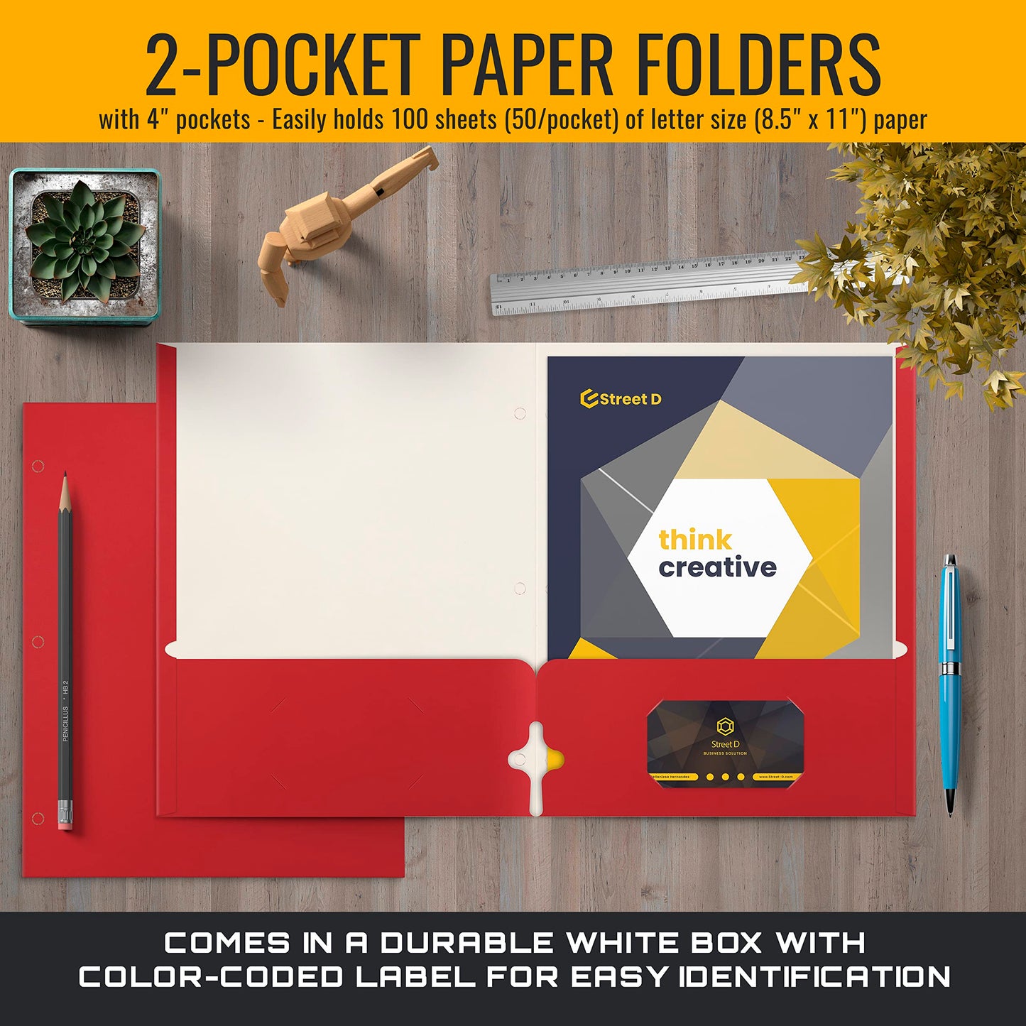 Better Office Products Two Pocket Portfolio Folders, 50-Pack, RED, Letter Size Paper Folders, 50 Pieces, Red