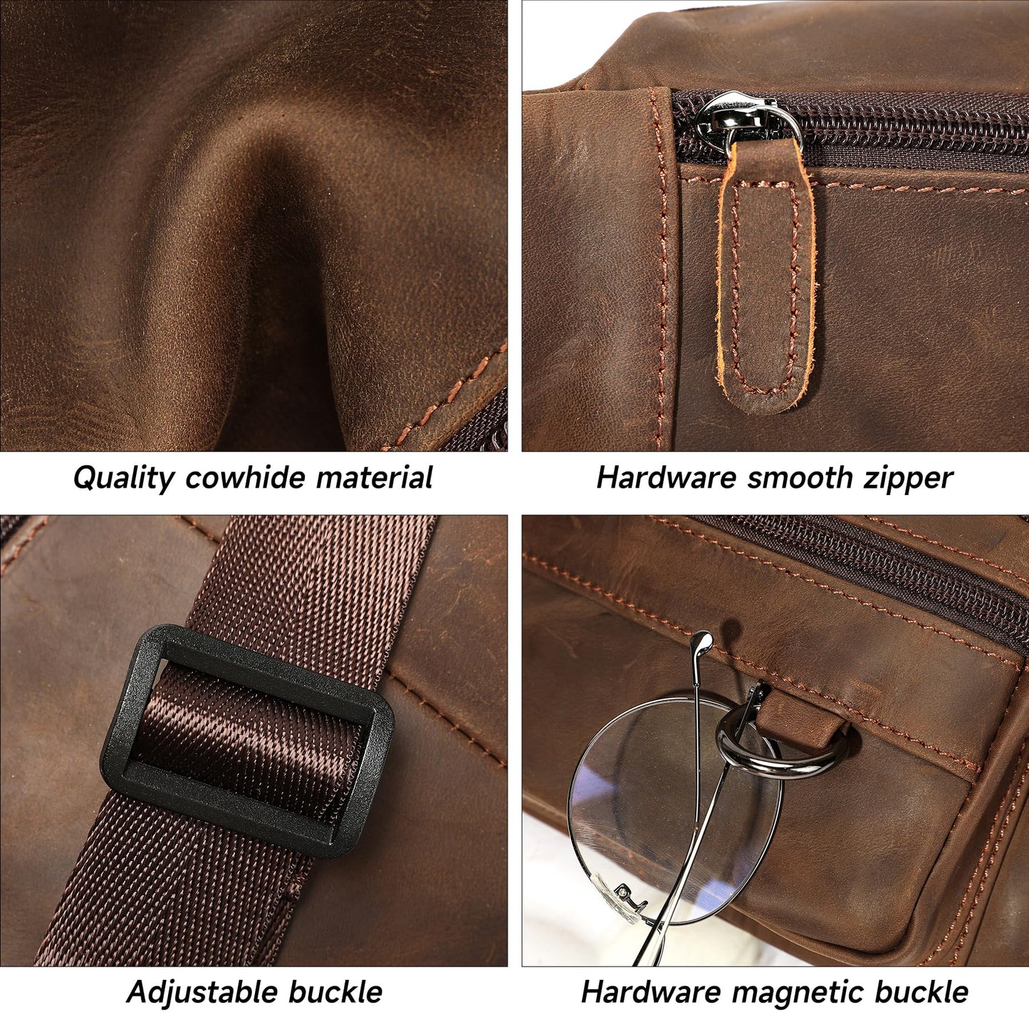 Genuine Leather Fanny Pack HandMade Durable cowhide Waist Bag Lots of Anti-theft zipper pocket Brown
