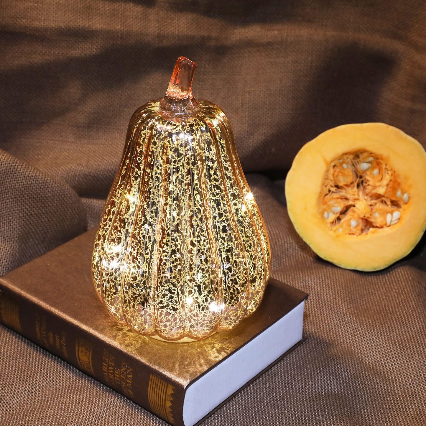 Romingo Mercury Glass Pumpkin Light with Timer for Halloween Pumpkin Decorations Fall and Thanksgiving Decor, Rose Gold, 8.7 inches
