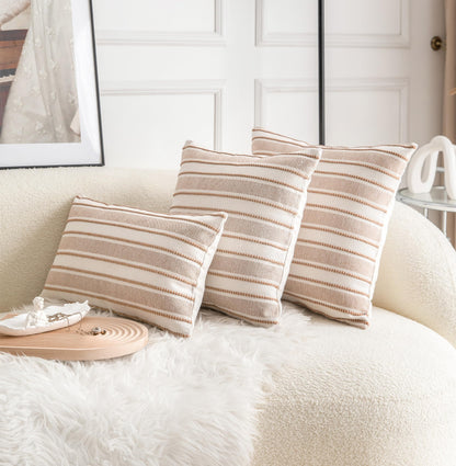 Cethom Decorative Boho Throw Pillow Covers, Farmhouse Textured Pillow Case, 20 x 20 Inch Set of 2, Chair Sofa Bedroom Living Room Home Decor Couch Cushion Case, Brown and Beige Striped