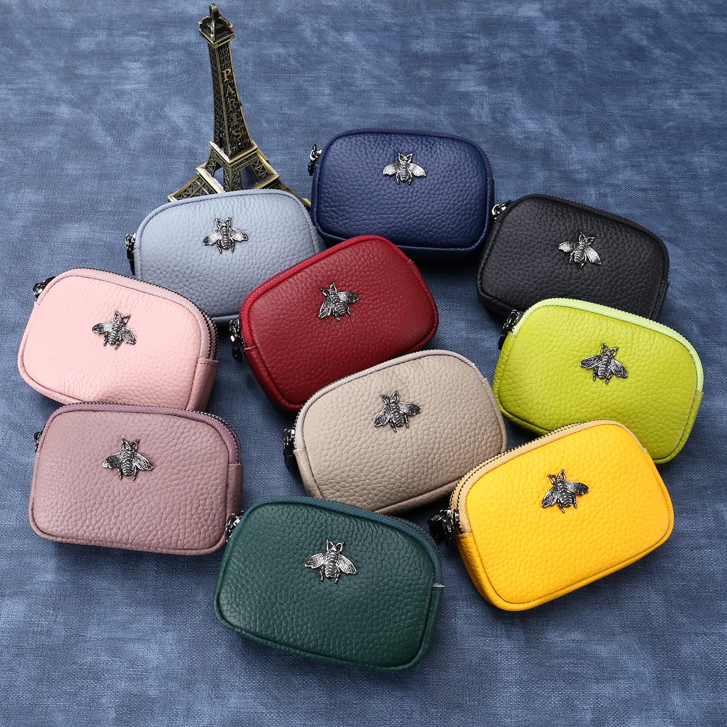 Yocipa Genuine Leather Coin Purse for Women Small Double Zipper Wallet Mini Change Pouch with Bee Charm for Cash Cards Keys Cute Compact Organizer (Pink)