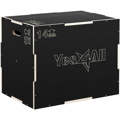 Yes4All 3 in 1 Non-Slip Wooden Plyo Box, Step Up Box for Workout, Plyometric Jump Box for Skipping, Jumping, Lunges, Squats, Dips, 16" x 14" x 12", Black
