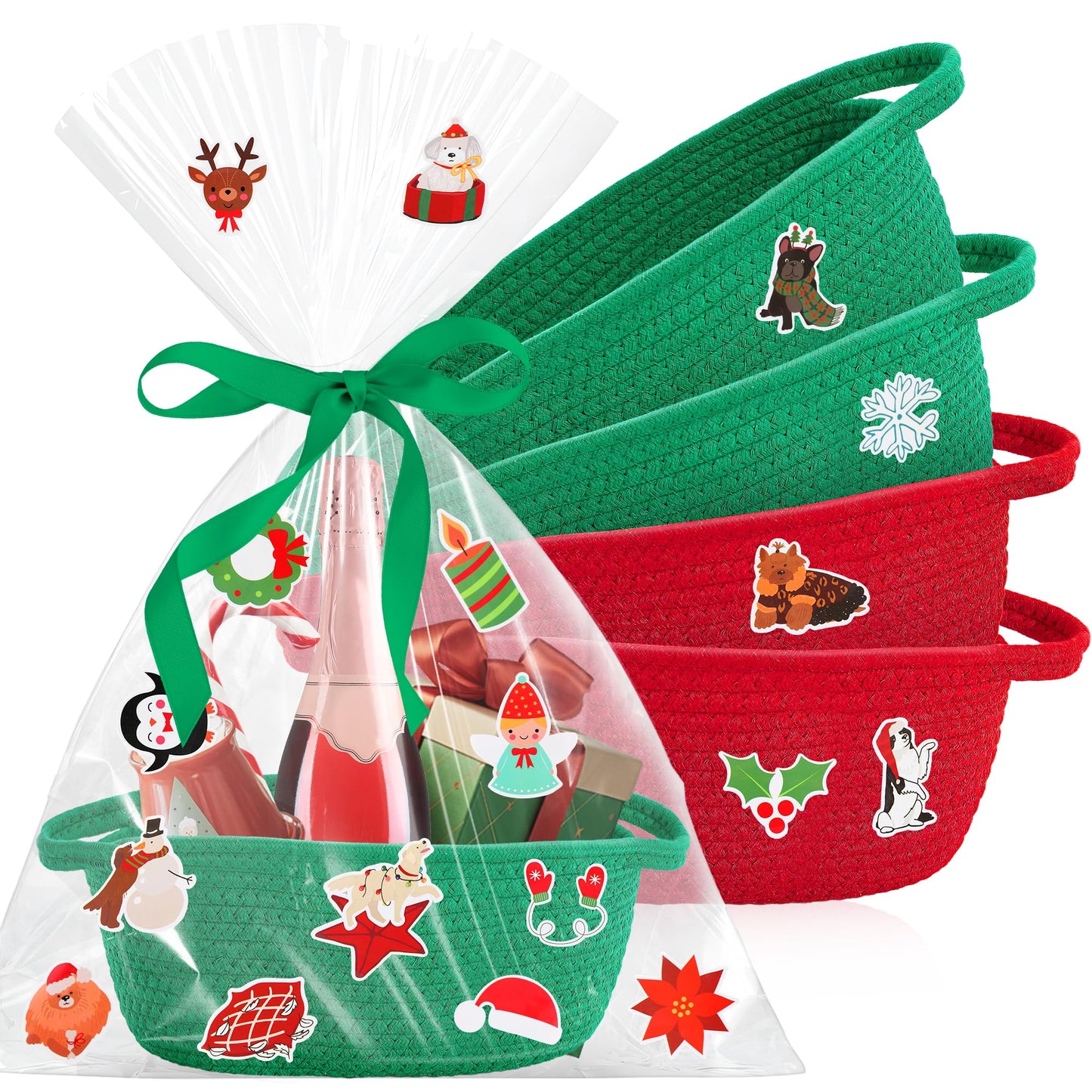 4pcs Christmas Gift Basket Empty, Christmas Woven Basket with Handles, Decorative Rope Woven Storage Basket Xmas Gift Baskets with Gift Bags Sticker and Ribbons for Xmas Empty Decorative Gift Box
