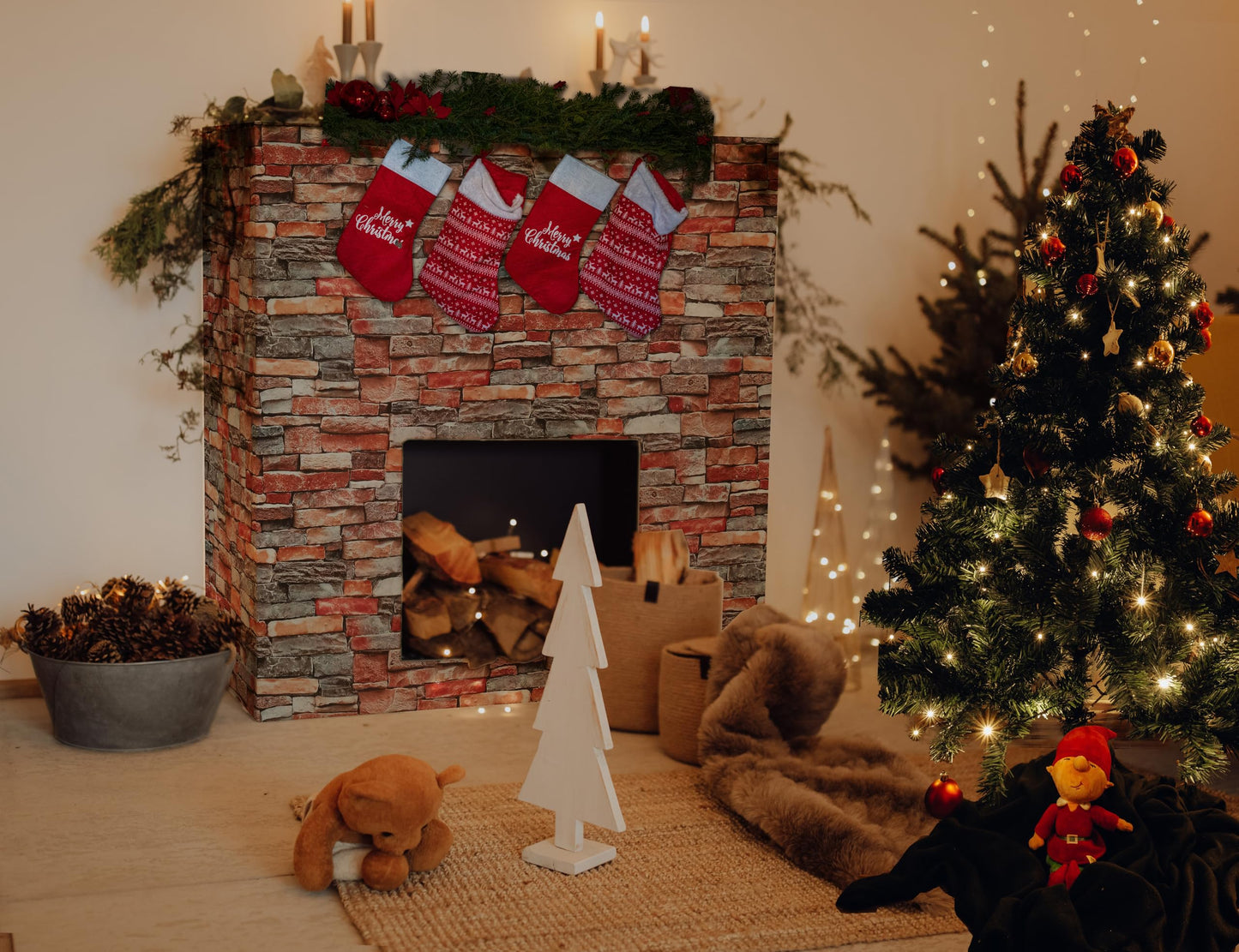 Faux Brick Textured Contact Paper, 17.7" x 394" Christmas Fireplace Stone Accent Wall Stick on Wallpaper Self Adhesive for Halloween Interior Walls Decor Bedroom Kitchen Cabinets Red Grey