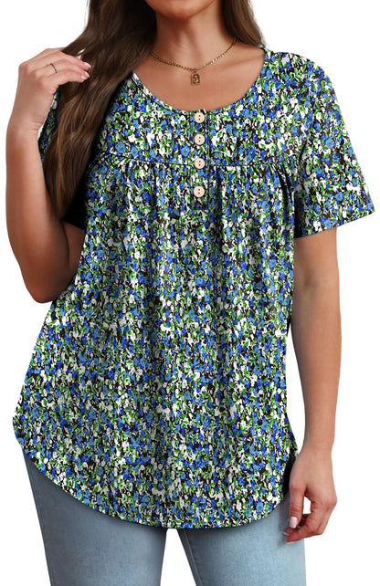 WIHOLL Plus Size Tops for Women Dressy Summer Outfits Button Down Shirts Short Sleeve Spring Clothes Graphic Tees Floral Blue 2XL