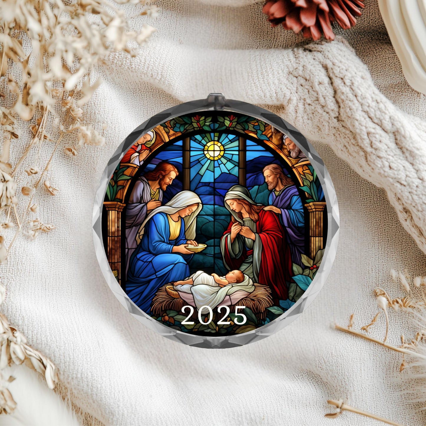 Personalized Nativity Ornament – Custom Name Christmas Ornament – Holy Family Stained Glass Style – Religious Christmas Tree Decoration – Baby Jesus Christian Gift Keepsake (Design 5)