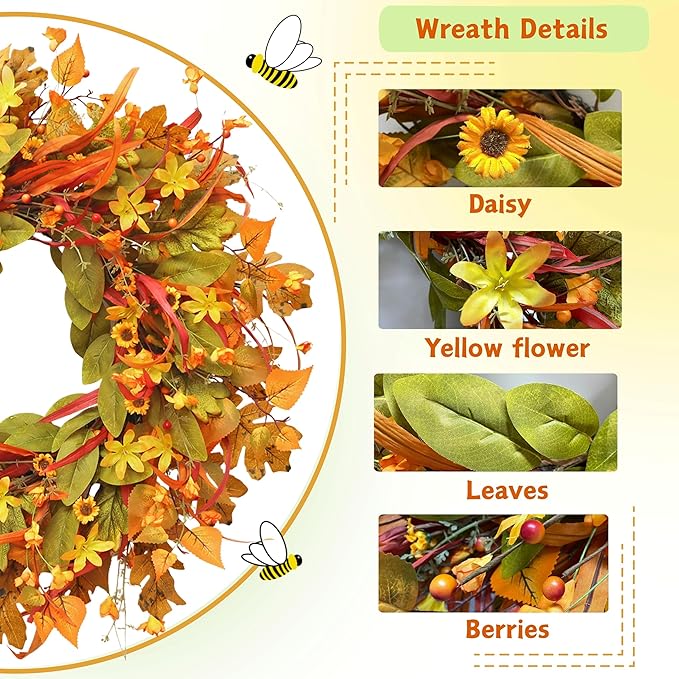 Fall Wreath for Front Door, 24 Inch Autumn Wreath with Berries,Lemon Leaves, Oak Leaves, and Maple Leaves Fall Decorations for Home, Artificial Flowers Harvest and Thanksgiving Indoor & Outdoor