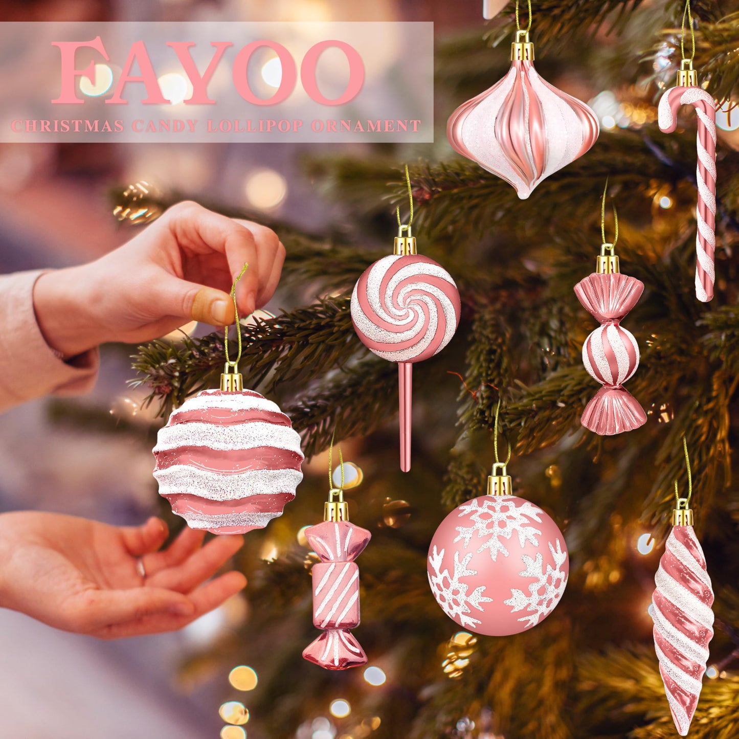 Christmas Ornaments Candy Lollipop Set -48Pcs for Xmas Tree Decoration Hanging Plastic Gloss Candy Canes Ball Pendants for New Year Home Decor Party Supplies (Rose Gold)