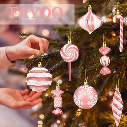 Christmas Ornaments Candy Lollipop Set -48Pcs for Xmas Tree Decoration Hanging Plastic Gloss Candy Canes Ball Pendants for New Year Home Decor Party Supplies (Rose Gold)