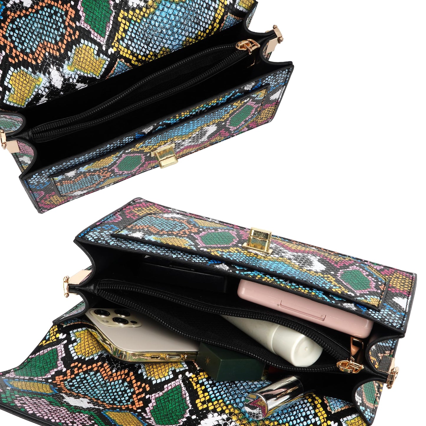 CLARA Women Fashion Snakeskin Pattern Clutch Handbag Envelope Bag Pompom Shoulder Bag Evening Party