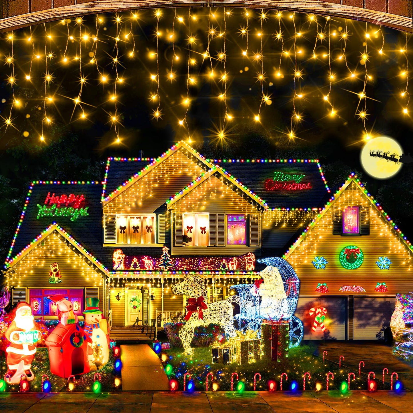 Hezbjiti Outdoor Christmas Lights, 400LED Ice Lights 33FT LED Fairy String Lights with 8 Modes and 75 Drops for Eaves, Party, Yard, Garden Decor（Warm White）