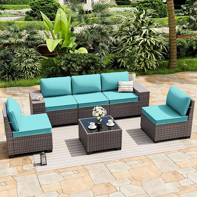 ALAULM 6 Pieces Patio Furniture Set, Oversized Seat/Armrest and High Back Wicker Sectional Furniture Set with Thick Cushion for Backyard, Garden, Turquoise