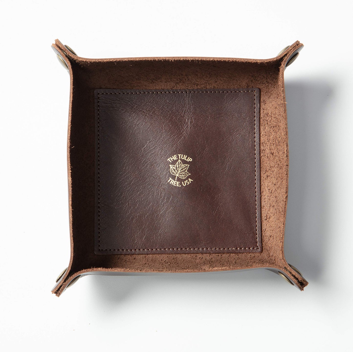 American Made Premium Leather Valet Tray, Folds Flat! Dice Rolling Basket and Organizer with Brass Rivets (Dark Walnut Brown, Medium)