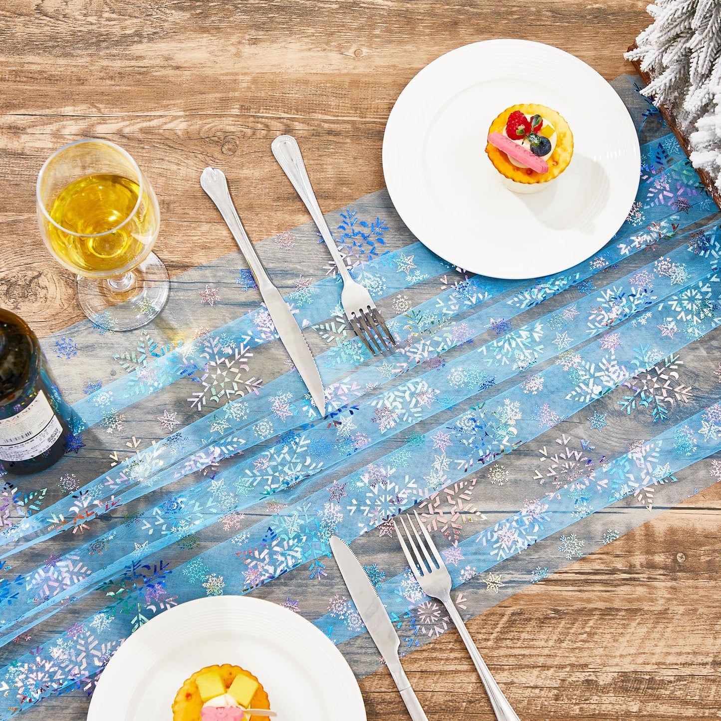 Windkream 2 Pack Blue Snowflake Table Runner 29x120 Inch Princess Theme Birthday Party Decorations Lace Tulle Table Decor Home Dining Room Kitchen Holiday Wedding Anniversary Veil Decor