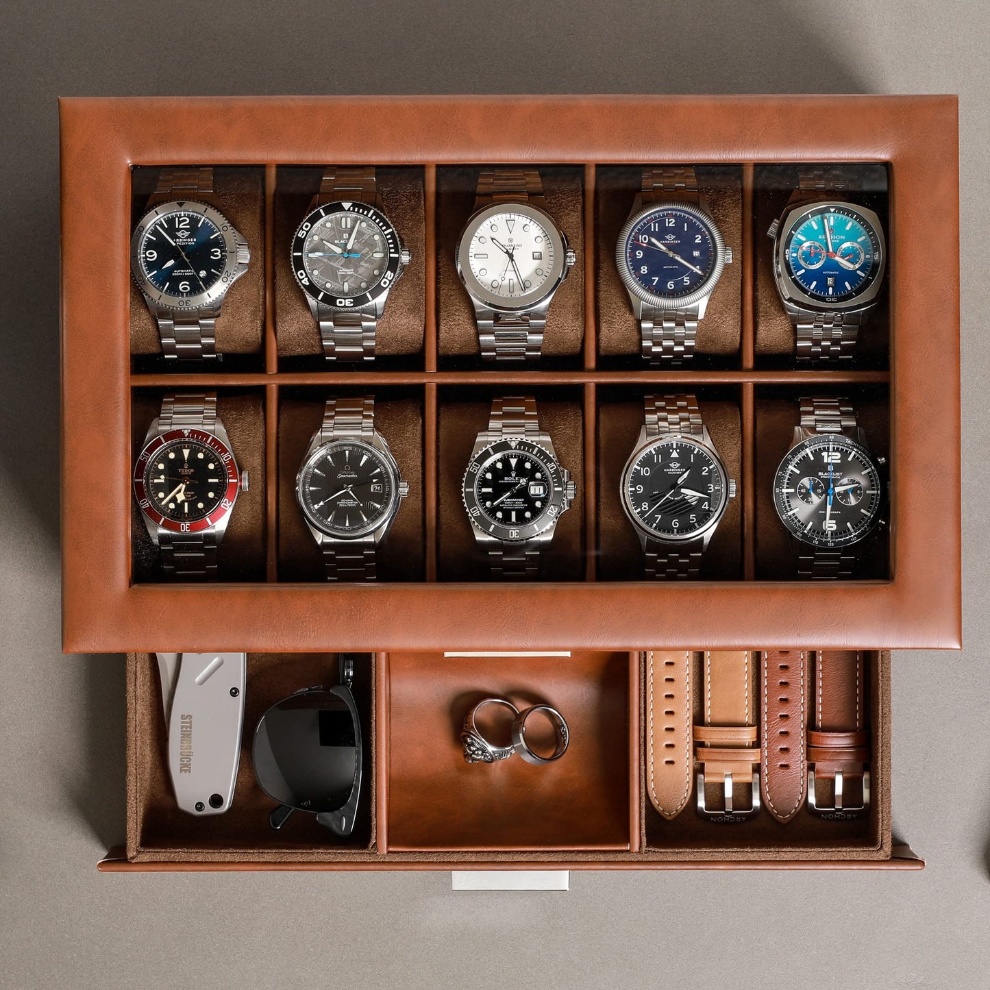 ROTHWELL 10-Slot Watch Box in Leather with Valet Drawer, Luxury Watch Case Display Organizer with Ultra Soft Microsuede Liner, Jewelry and Sunglass Holder With Large Glass top (Tan/Brown)
