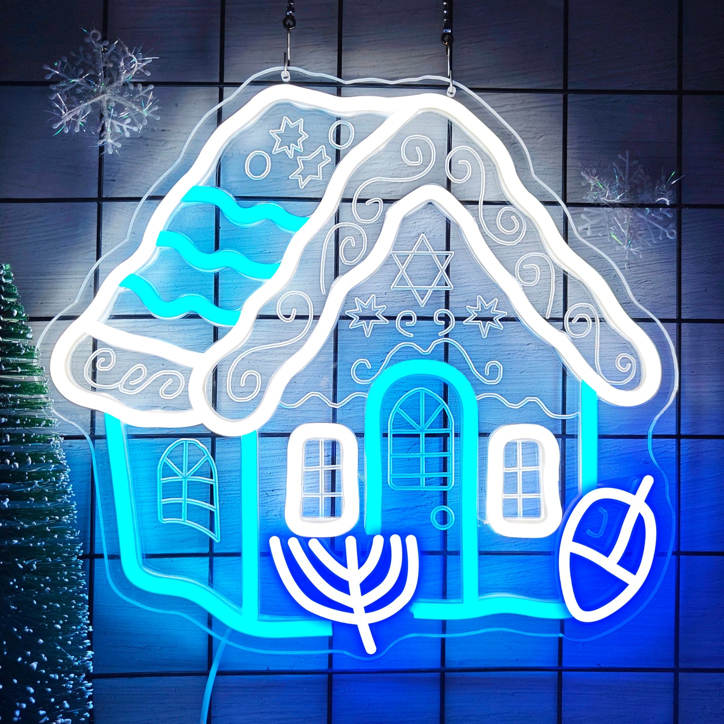 hhuohuona Hanukkah Neon Sign Hanukkah Gingerbread House Light Up Sign Dimmable Chanukah Decorations Jewish Gifts Star of David & Dreidel & Menorah Led Signs for Wall