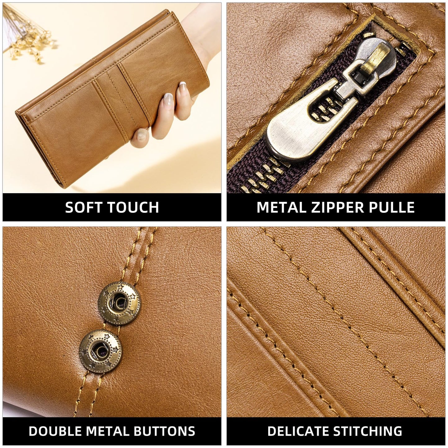SCHLATUM Wallets for Women RFID Blocking Long Ladies Wallet Bifold Womens Leather Wallet with Coin Pocket ID Window, Brown