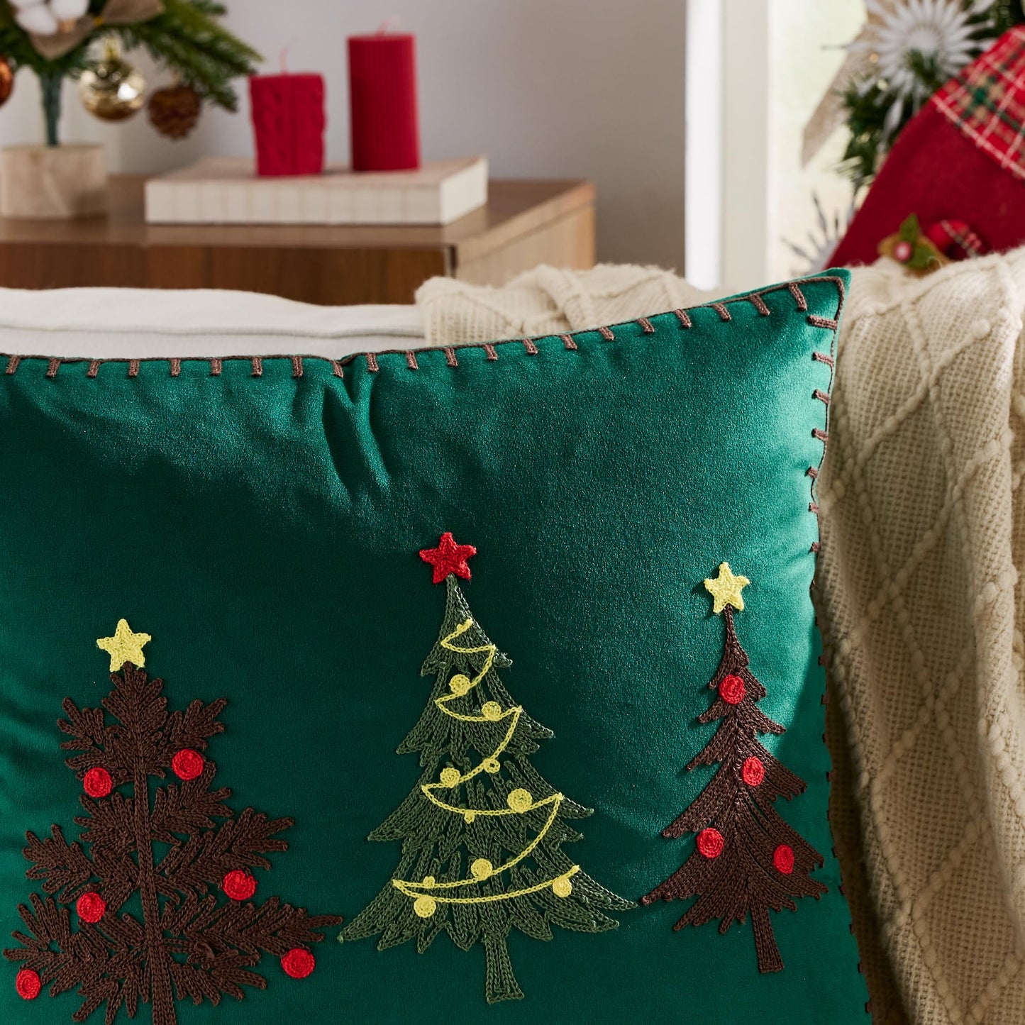 KINDREX Christmas Tree Throw Pillow Covers 18x18 Set of 2 Winter Holiday Decorative Emerald Green Embroidered Luxurious Soft Velvet Accent Pillowcase for Sofa Couch Bed Living Room Home Decor