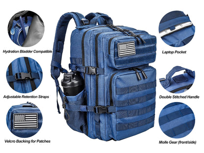LHI Military Tactical Backpack for Men and Women 45L Army 3 Days Assault Pack Bag Large Rucksack with Molle System - Blue