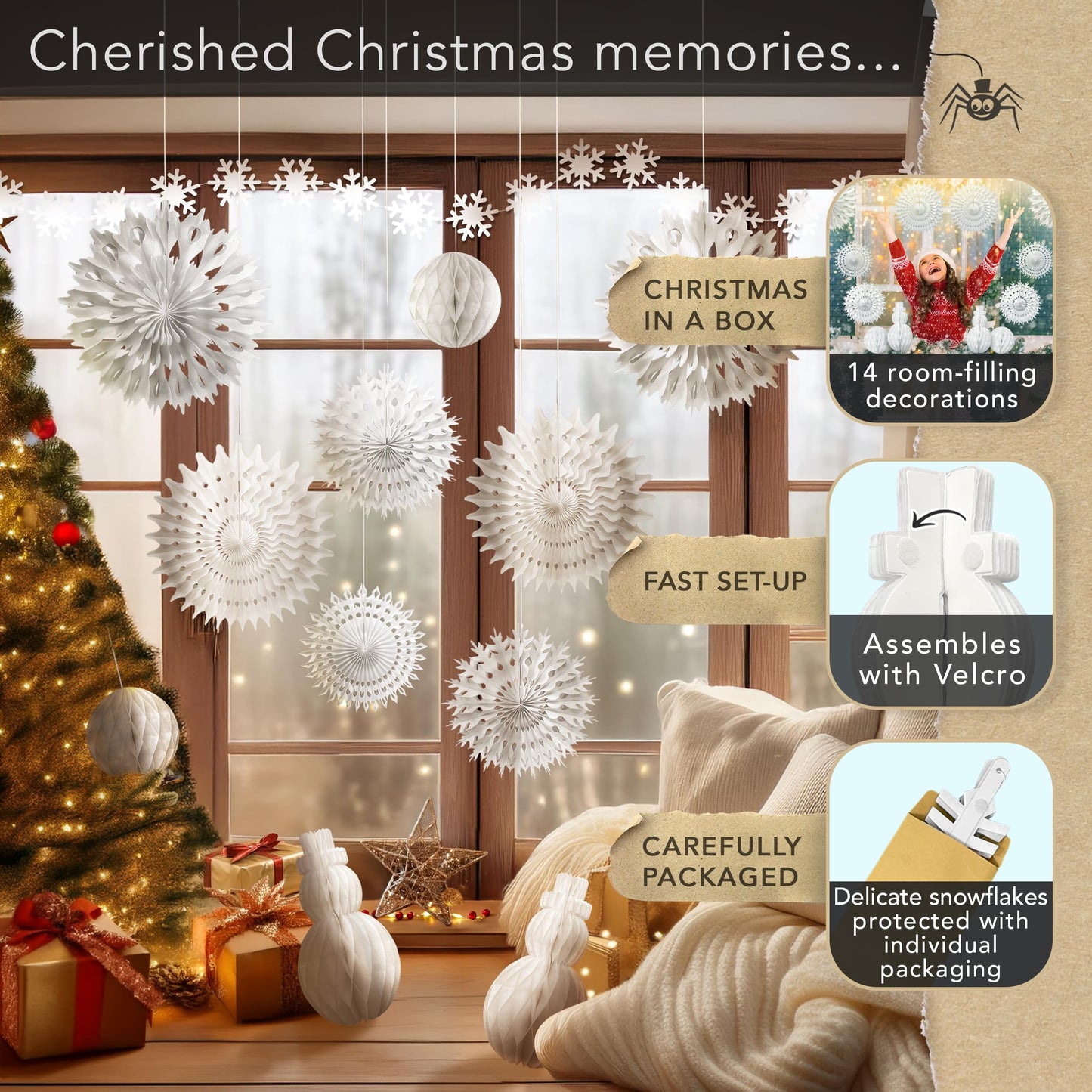 Premium Reusable White Christmas Decorations - Winter Wonderland Decor Set - Snowflake Garland, Snowman Decoration, Christmas Window Display, Holiday Home Ornament
