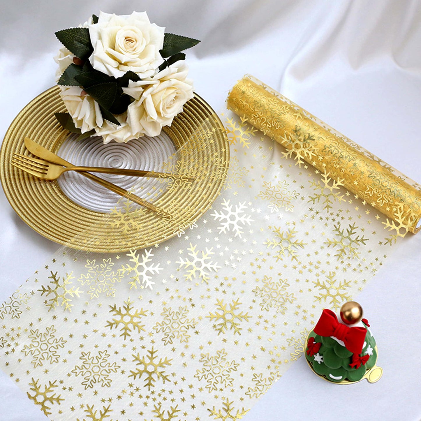 Yonuni Gold Snowflake Table Runner 11x108 Inch - Christmas Tulle Table Runner Gold Table Decorations Centerpiece for Wedding Birthday Christmas Thanksgiving & Party
