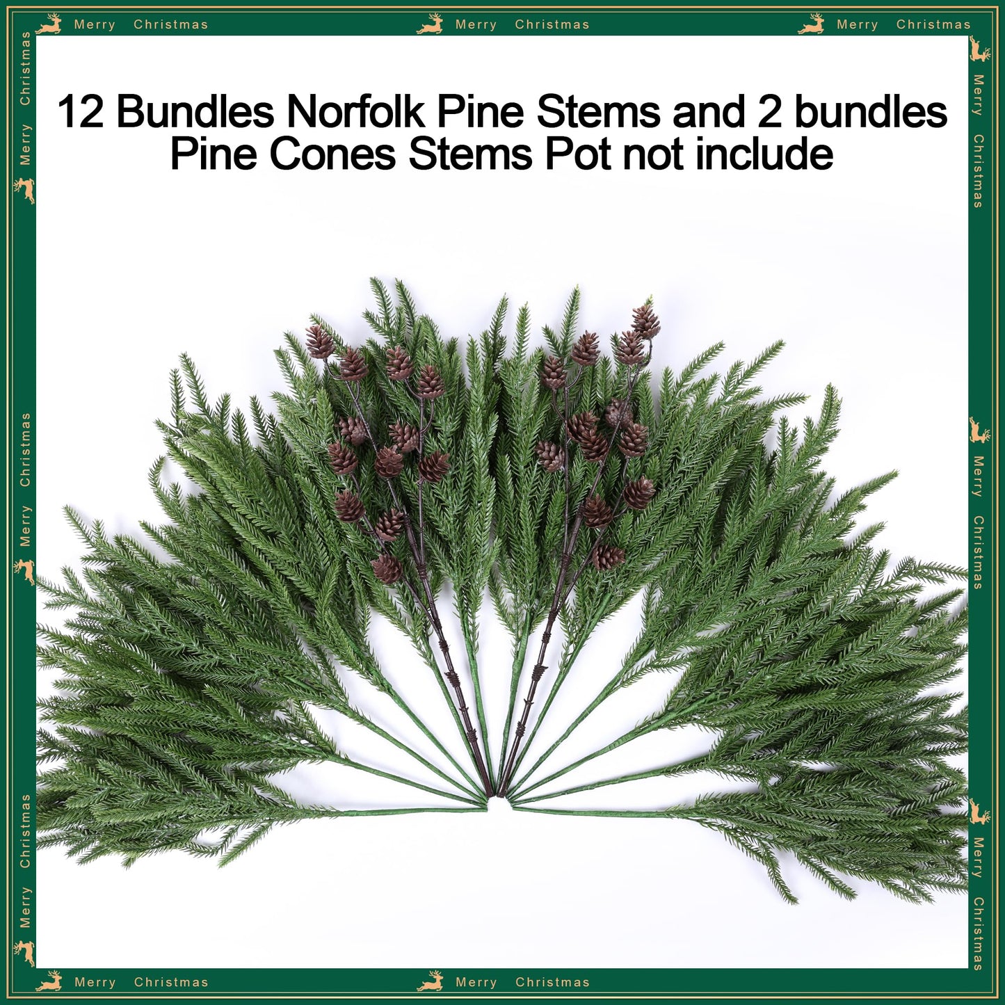 Artificial Christmas Norfolk Pine Stems Branches for Vases,12 Bundles Fake Pine Stems with 2 PCS Small Pinecones Branches Faux Evergreen Real Touch Greenery for Xmas Holiday Winter Table Indoor Decor