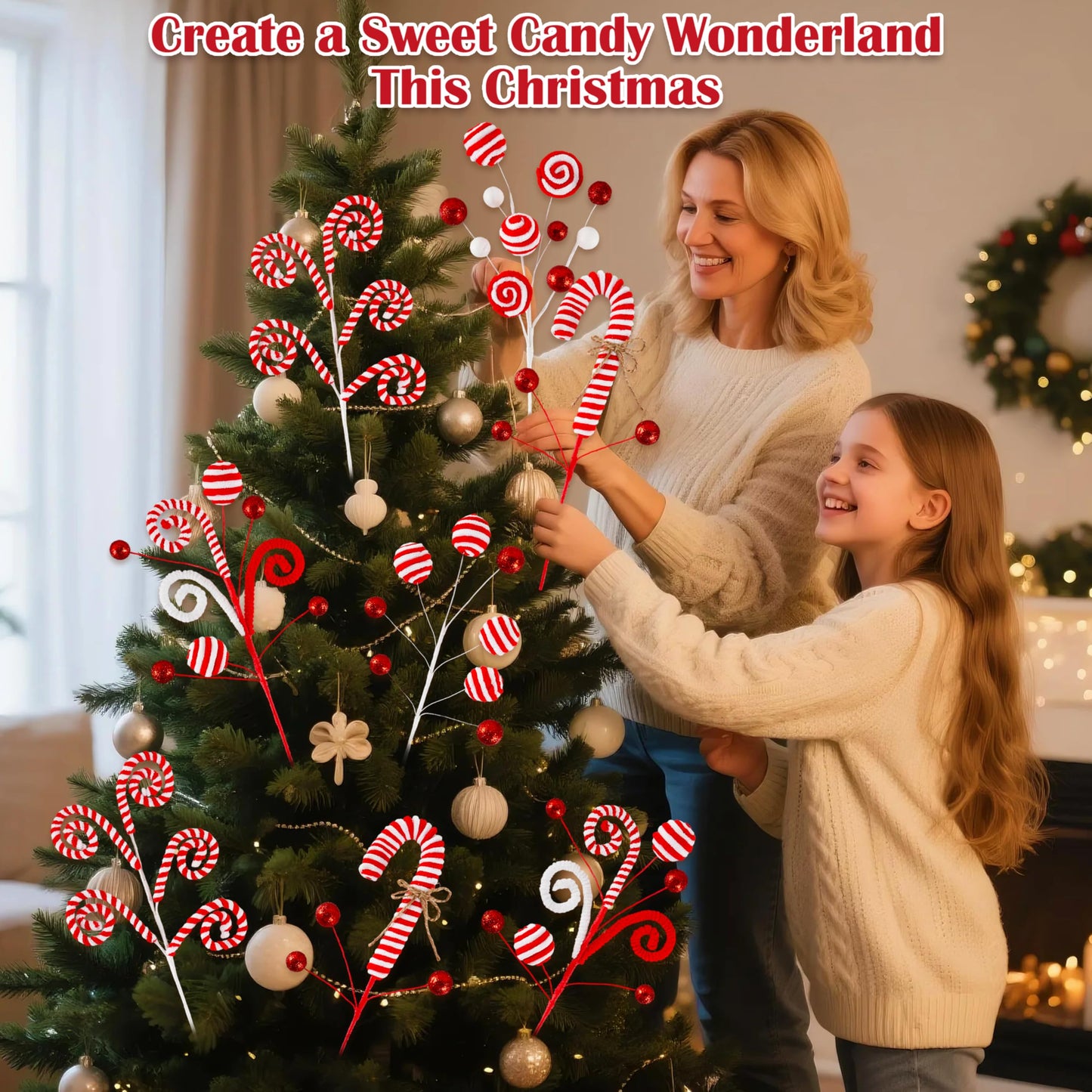 5pcs Candyland Christmas Tree Picks Candy Cane Tree Topper, Red and White Christmas Tree Decorations with Glitter, Curly Lollipop Candy Picks for Xmas Holiday Wreath Vase Party Decor