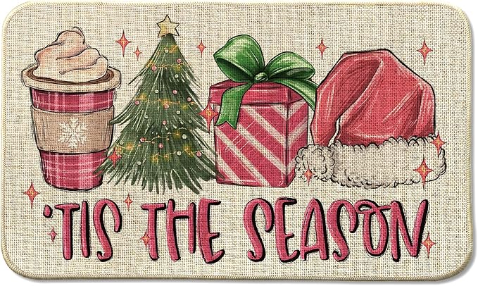 Christmas Hat Front Door Mat Indoor Outdoor Entrance 17x29, Tis The Season Xmas Winter Washable Non-Slip Rubber Pink Doormat Inside Outside Entrance, Welcome Floor Mat for Home Holiday Decor AH31