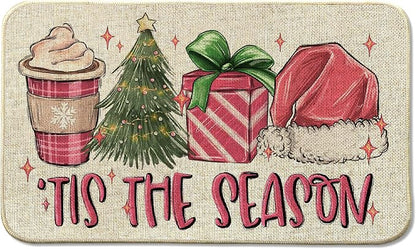 Christmas Hat Front Door Mat Indoor Outdoor Entrance 17x29, Tis The Season Xmas Winter Washable Non-Slip Rubber Pink Doormat Inside Outside Entrance, Welcome Floor Mat for Home Holiday Decor AH31