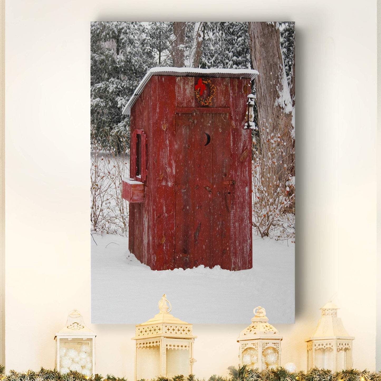 Renditions Gallery Xmas Canvas Prints for Home Decor Red Snowy Outhouse Christmas on the Farm Wall Hanging Picture & Prints for Bedroom Dining Living Room Office Home Kitchen Decor - 32"X48" LT18