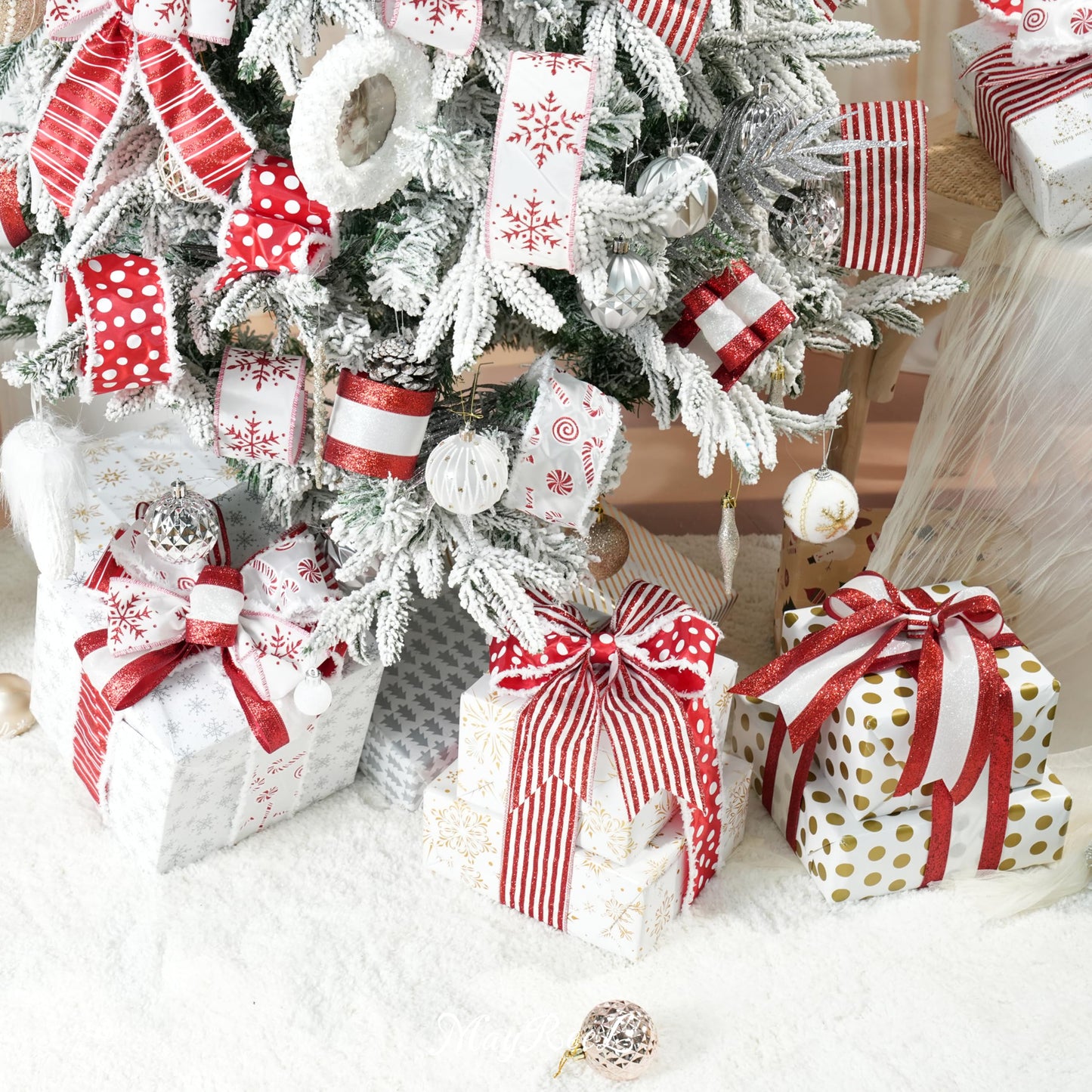 MAYREEL 2.5 Inch Red and White Christmas Ribbon Wired Candy Cane for Christmas Trees Wreaths Tree Toppers Crafts Home Decor Gift Wrapping 6 Rolls Total 36 Yards