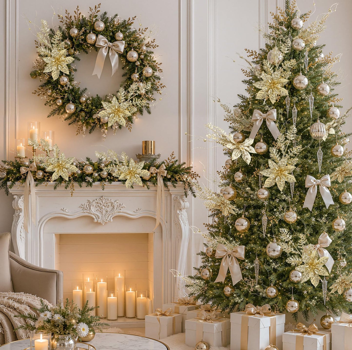 N&T NIETING 18Pack Christmas Tree Decorations Picks and Sprays, Artificial Flowers Glitter Berry Stems Twigs Branches Ornaments for Xmas Tree Vase Filler Holiday Wedding Party Home Decor (Gold)