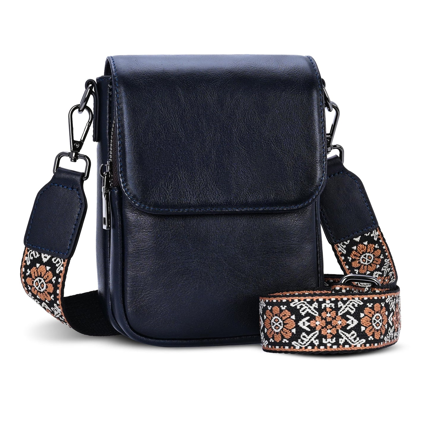 HESHE Leather Small Crossbody Bags for Women RFID Blocking Cell Phone Purse Anti-Theft Travel Bag with wide Straps (Navy Blue)