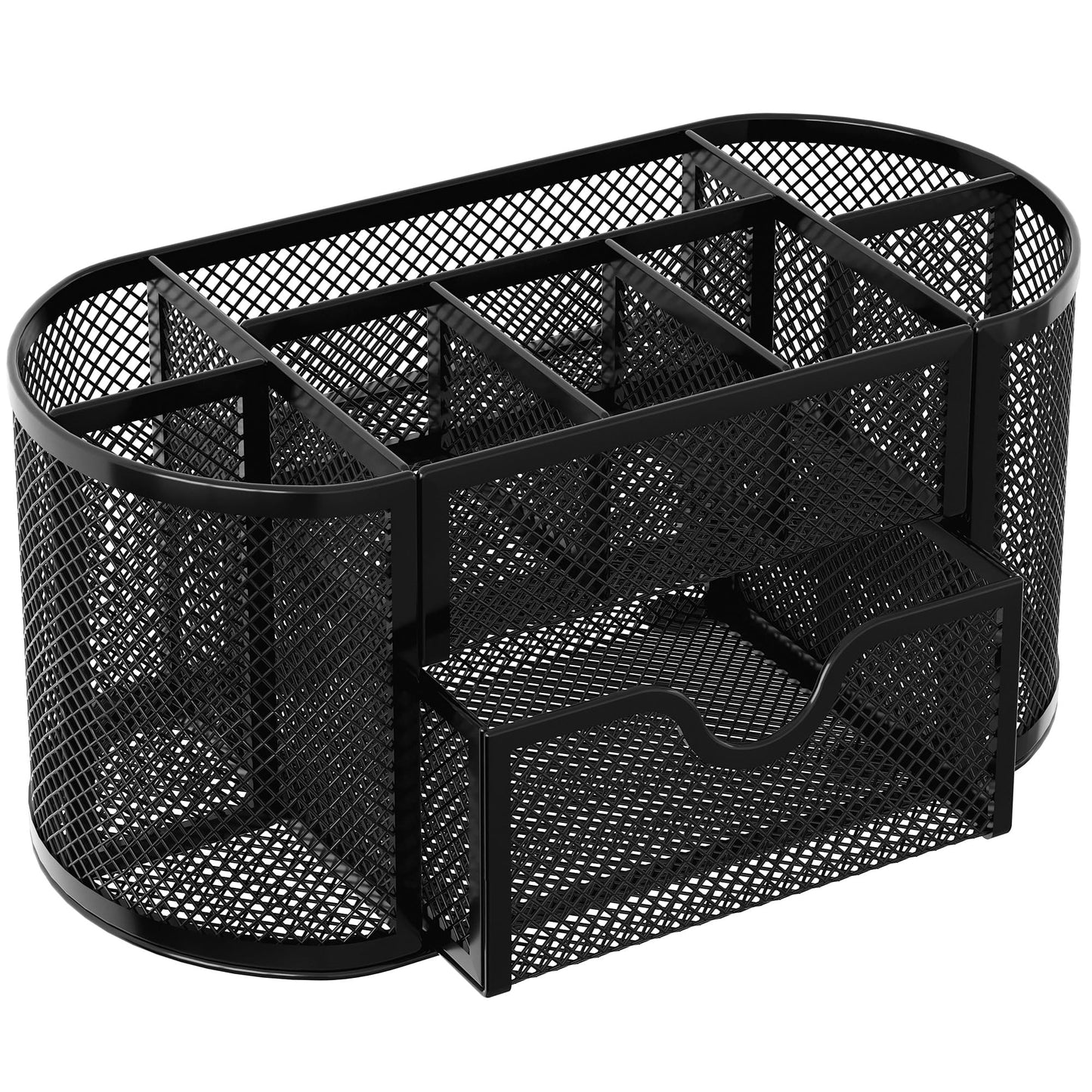 EasyPAG Mesh Pen Holder Desk Organizer with Drawer Stationery Supplies Organizer for Dorm School 9 Compartments Workspace Desk Accessories Organization for Office, Black