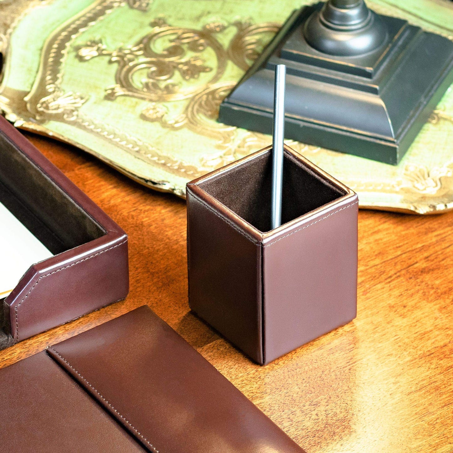 DACASSO Bonded Leather Pencil Cup - Luxury Cup Storage for Pens, Pencils, & Office Accessories - Elegant Pen Organizer & Executive Desk Decor - (Dark Brown)