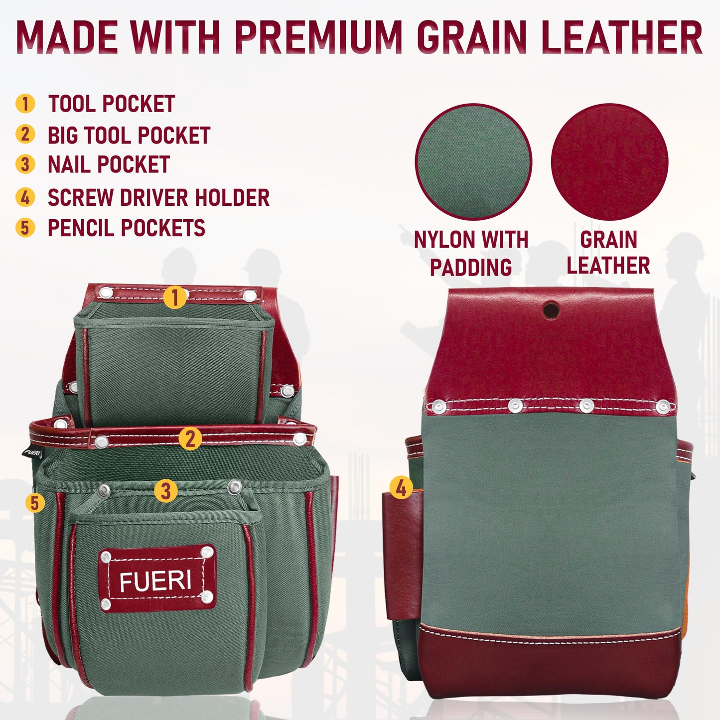 FUERI Carpenter Tool Belt made with Nylon & Grain Leather comes with Adjust to fit Padded Belt, Pouches with multiple pockets, Suspender loops, and a Hammer Holder (Best Gift for your father)