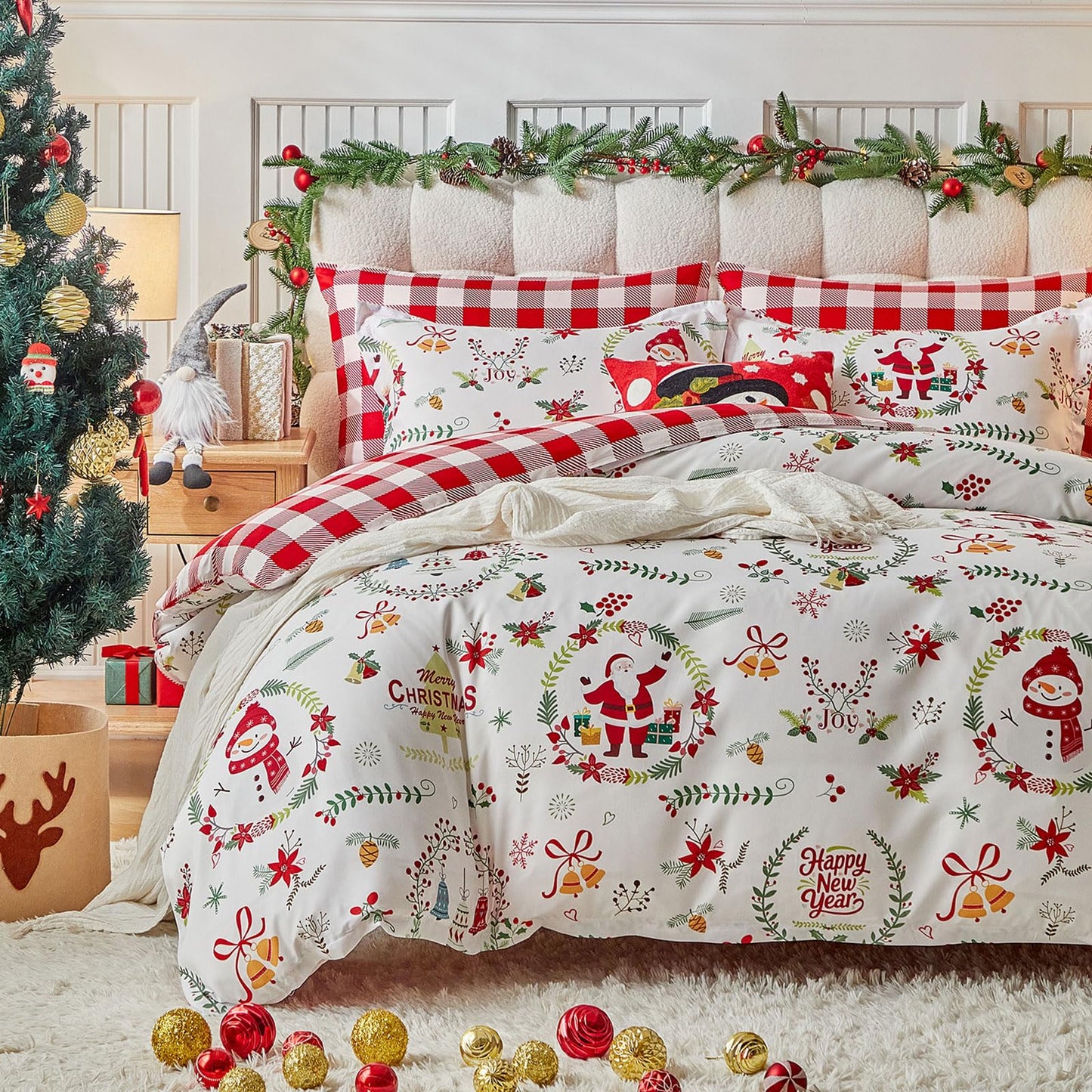 Joyreap 3pcs Christmas Duvet Cover Set King, Xmas Wreaths and Santa Claus Design Comforter Cover Set, Includes 1 Duvet Cover and 2 Pillow Shams