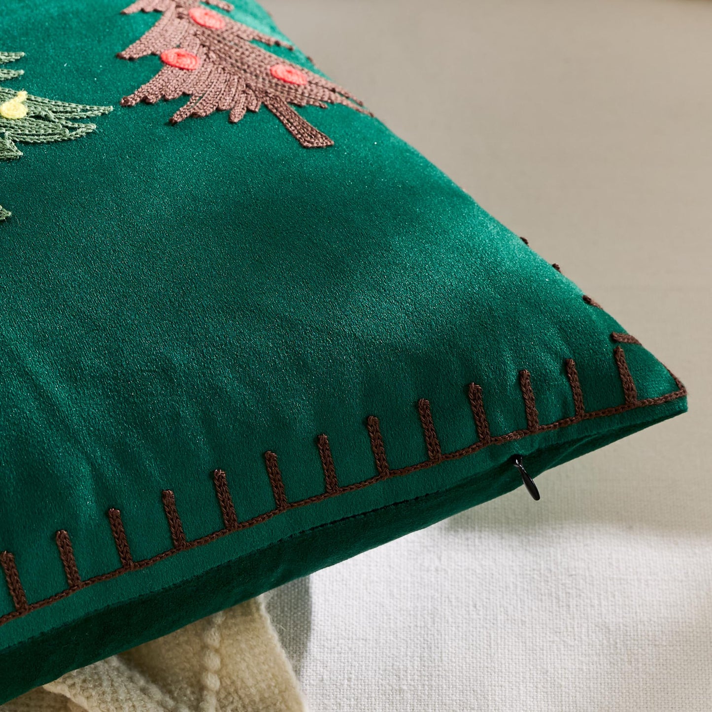 KINDREX Christmas Tree Throw Pillow Covers 18x18 Set of 2 Winter Holiday Decorative Emerald Green Embroidered Luxurious Soft Velvet Accent Pillowcase for Sofa Couch Bed Living Room Home Decor