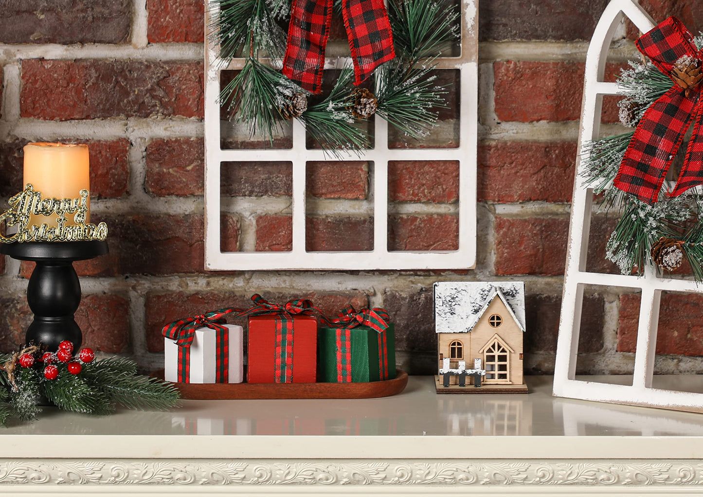 Christmas Tiered Tray Decor Set of 3 Mini Wood Small Table Decor Shelf décor (Buffalo Plaid 1)