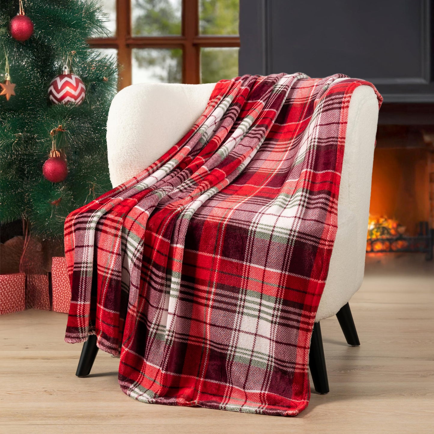 PAVILIA Throw Blanket | Holiday Christmas Red Fleece Blanket | Soft, Plush, Warm Winter Cabin Throw, 50x60 (Red Green Plaid)