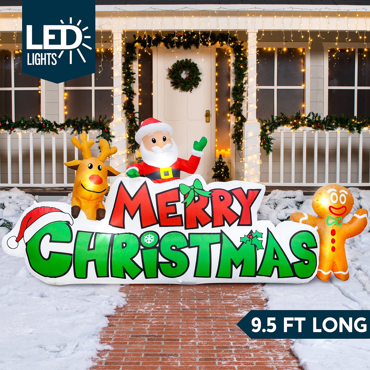 Joiedomi 9.5 FT Christmas Inflatable Merry Christmas Sign with Santa, Reindeer & Gingerbread Man – Built-in LEDs, Outdoor Yard Garden Lawn Winter Decor for Xmas Party
